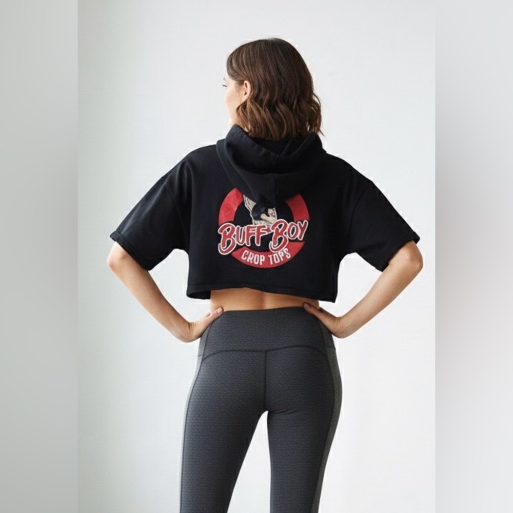 Buff Boy black cropped hooded sweatshirt. Short sleeves, 92% cotton, S